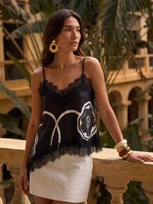 CAJUNI Women's Floral Print Contrast Lace Camisole Tank Top For Vacation - Black and White - View 5