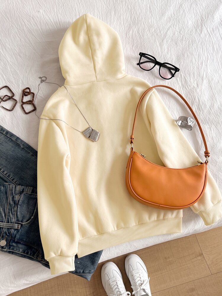 SHEIN Tween Girls Sweatshirts, Camel, Fall Winter, Casual, Hooded, Autumn, Long, Sleeve, Loose, Outfit, Comfortable, Daily, Style, Zip, Cute, Print, Street - Apricot - View 2