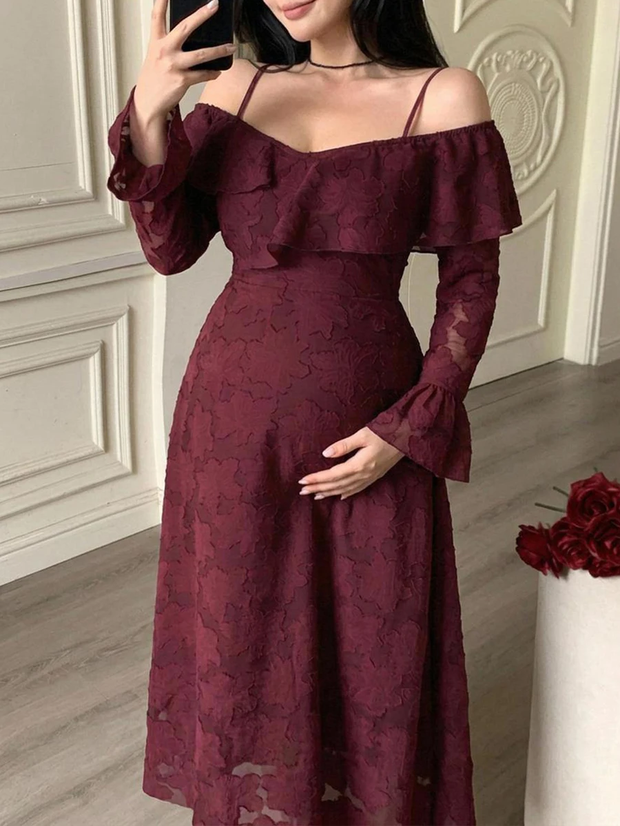 DAZY Solid Color Loose Lace Long Sleeve Off-Shoulder Umbrella Skirt Elegant Vacation Spring/Autumn Maternity Dress - Red - View 1