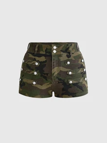 ROMWE Grunge Punk Plus Size Denim Hot Girl Cavalry Metal Button Design Ultra Low Waist Skinny Denim Mini Shorts - Army Green - View 1