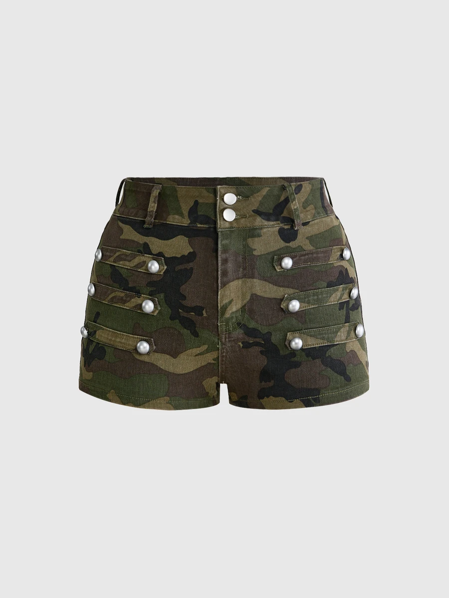 ROMWE Grunge Punk Plus Size Denim Hot Girl Cavalry Metal Button Design Ultra Low Waist Skinny Denim Mini Shorts - Army Green - View 1