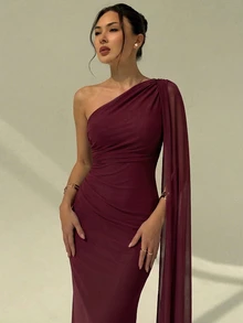 Aloruh One Shoulder Ruched Bust And Waist Romantic Elegant Drape Neck Fitted Mermaid Long Dress - Burgundy - View 3