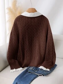 CosyJoli Sweater Lengan Panjang Kasual Harian Wanita Ukuran Plus dengan Motif Blok Warna - Chocolate Brown - View 2