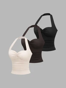 Sweetra New European And American Sexy Style Halter Neck Ruched Cinched Waist Apricot, Coffee Brown And Tops 3-Piece Set - Multicolor - View 8