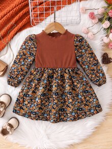 SHEIN 女嬰花卉拼接花瓣袖洋裝 - 棕色 - 查看 4