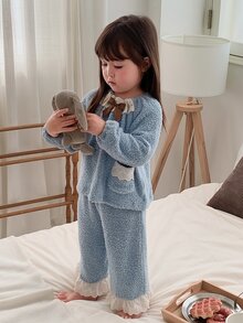 DAZY Baby Girls Round Neck Casual Comfortable Korean Style Long Sleeve 2 Pieces Set Autumn/Winter Loungewear - Baby Blue - View 5