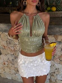 SHEIN Tall Women's Solid Color Sequin Deep V-Neck Pleated Sexy Halter Tank Top Party Club Silver Summer - Green - View 1
