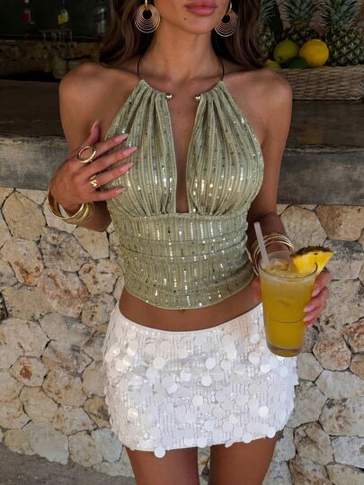 SHEIN Tall Women's Solid Color Sequin Deep V-Neck Pleated Sexy Halter Tank Top