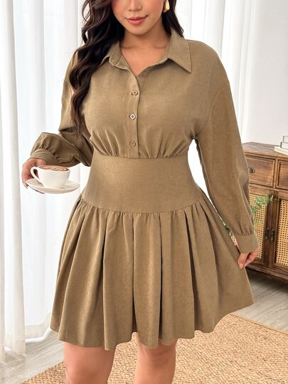 Rometta Plus Size Cinched Waist Faux Suede Long Sleeve Short Dress