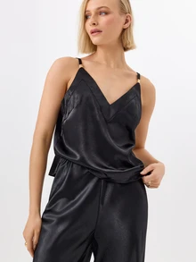 KÆRIA Hus V Neck Cami Top With Sculptural Hardware - Liquid Satin - Black - Matching Set, Travel Outfit, Satin, Summer, Fall, Chic, Elegant, Luxury - Black - View 3