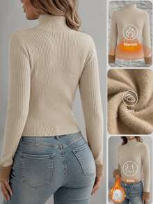 SHEIN Franclia Soft Oatmeal Color Semi-High Neck Knit Base Layer, Vertical Ribbed Texture With Excellent Elasticity, Slim Fit And Flattering Silhouette, Delicate Rolled Collar Design - Apricot - View 2