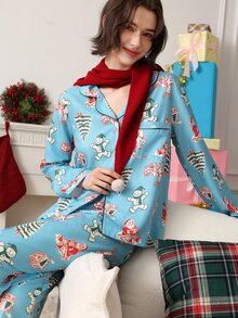 Chillnights Women's Christmas Santa & Reindeer Print Lapel Long Sleeve Pants Pajama Set - Multicolor - View 5