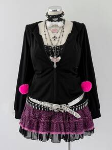 Sunspun Plus Size Women's Bowknot Decor Casual Versatile Hooded Jacket Fall - Black - View 8