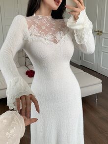 Feyla Women's Lace Patchwork 3D Floral Decor Elegant Waist-Cinching Mid-Length Dress For Party And Gathering - Pink - View 2