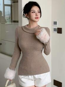 Joudiya Women's Autumn/Winter Knit T-Shirt With Collar, Button Decor, Long Sleeve, Slim Fit, Cinched Waist, Asymmetrical Hem, Casual Commute, Wedding, Party - Brown - View 6