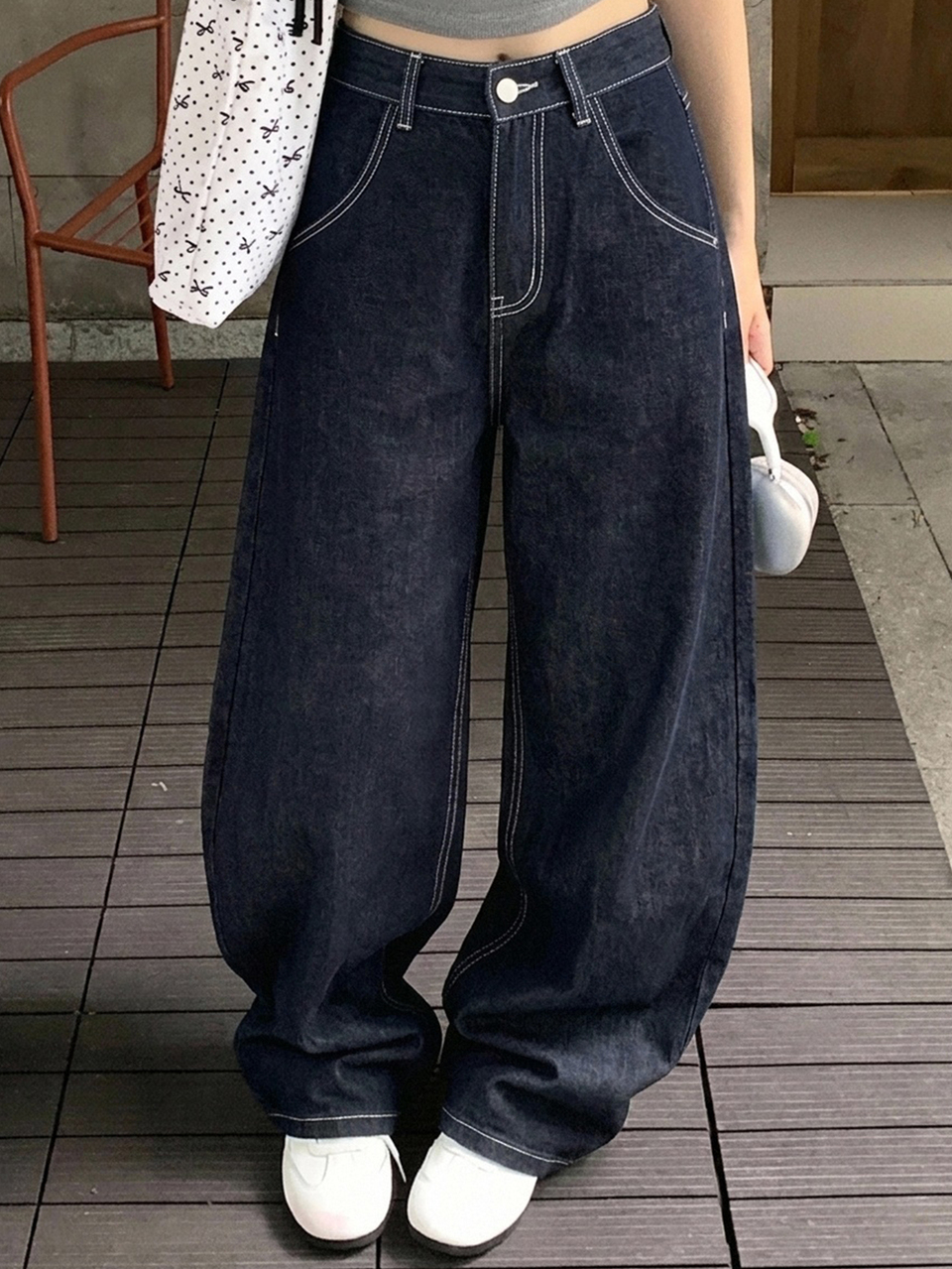 Women's Autumn/Winter Original Color Washed Plaid Patchwork Bow Pocket Contrast Stitch High Waist Loose Wide Leg Retro Street Casual Everyday Denim Jeans