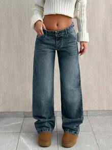 SHEIN Tall Women Dark Blue Washed Wide Leg Casual Jeans Tall - Dark Wash - View 6