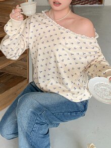Dazy Plus Ditsy Floral All-Over Loose Long Sleeve Patchwork Ruffle Asymmetrical Shoulder Casual Sweatshirt Top For Girls, Spring/Autumn - Apricot - View 4