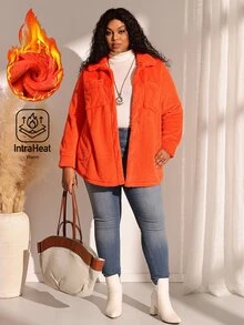 BrightlyHer Jaket Fleece Oranye Tua Ukuran Besar, Saku Depan Kancing, Leher Bulat, Lengan Panjang, Pakaian Luar Kasual Musim Gugur/Musim Dingin 2026 - Burnt Orange - View 2