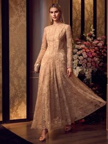 MOTF Soiréza ELEGANT WOMEN ROUND NECK LONG SLEEVE 3D FLORAL BEADED EMBROIDERY MAXI GOWN FOR FORMAL EVENING PARTY - Champagne - View 6