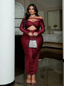 NU&NOW Plus Size Fashion Sexy Off-Shoulder Twisted Hollow Out Fitted Dress - Burgundy - View 3
