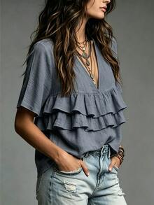 SHEIN Fiorisel Women's Casual Vacation Style Ruffle Hem Blouse - Dusty Blue - View 4