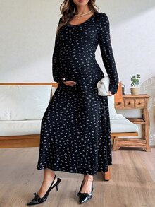 Dazy Maternity Ditsy Floral Fitted Elastic Square Neck Long Sleeve Casual Vacation Home Daily Spring Autumn Maternity Dress - Black - View 1
