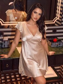 SilkySpell Women's Plus Size Lace Patchwork Faux Silk Champagne Gold Nightgown - Champagne - View 1