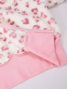 SHEIN Tween女孩甜美印花抓絨內裡連帽人造毛皮夾克 冬季加厚保暖短版毛絨外套 - 粉色 - 查看 7