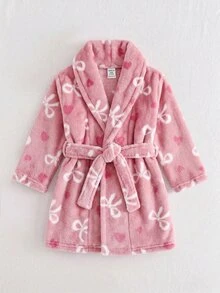 SHEIN 可愛毛茸茸蝴蝶結女嬰居家服，秋冬款 - 粉色 - 查看 1
