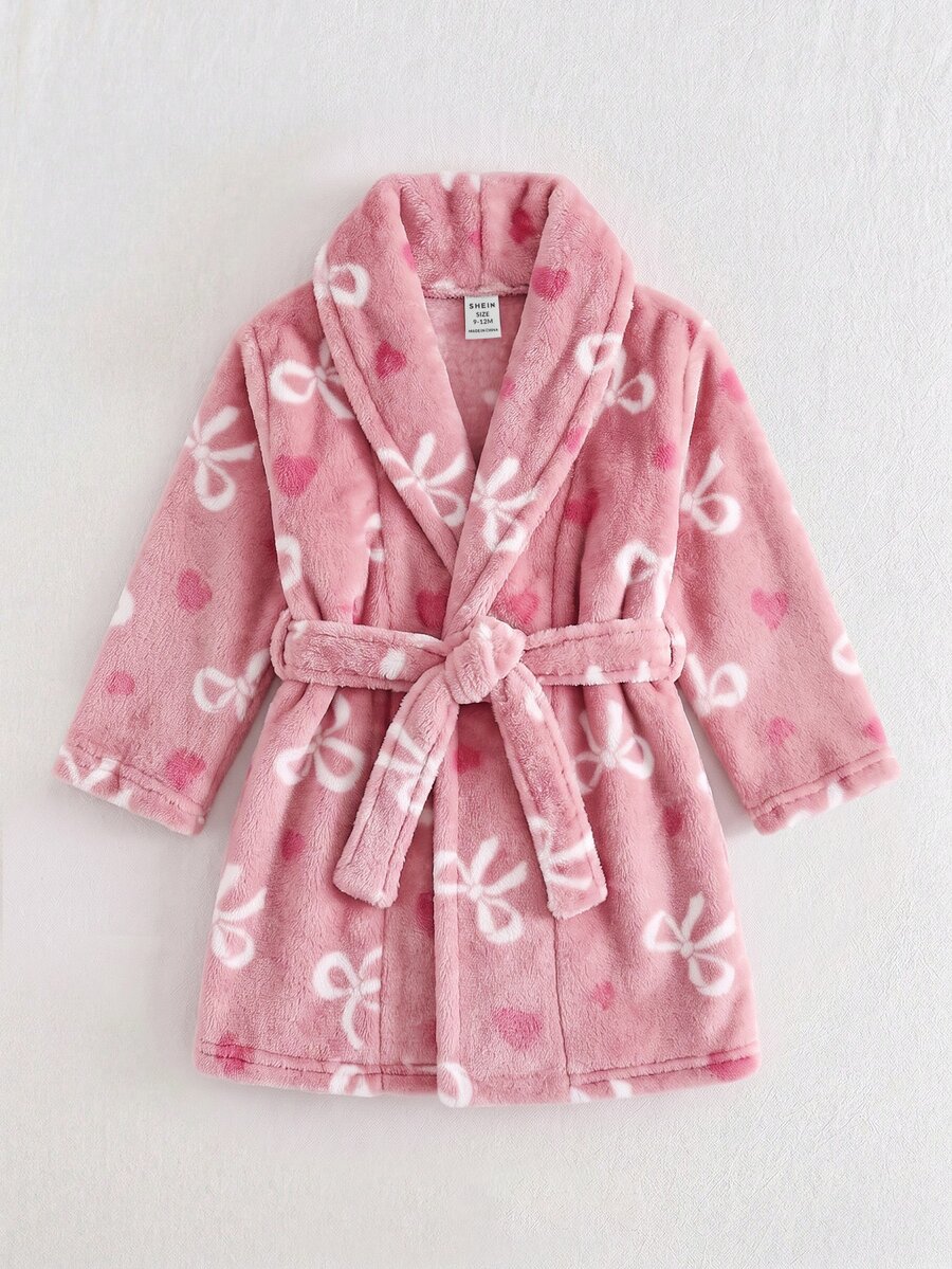 SHEIN 可愛毛茸茸蝴蝶結女嬰居家服,秋冬款 - 粉色 - 查看 1