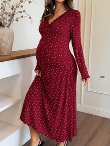 DAZY Floral Print Ruched Ruffle Trim Fitted Elastic Long Sleeve V-Neck Casual Vacation Sexy Home Daily Spring Autumn Maternity Dress - Red - View 8