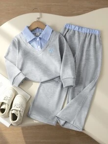 SHEIN Elladie kids (小女孩) 2件套，淺灰色長袖上衣搭配藍白垂直條紋領口假領設計與蝴蝶結刺繡，配套長褲，適合日常上學、返校、戶外拍照、拜訪親友及郊區出遊 - 灰色 - 查看 7