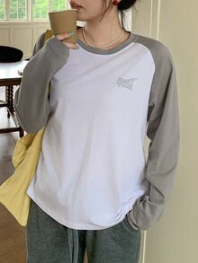 Dazy Plus Crew Neck Contrast Color Raglan Sleeve Letter Print Urban Casual Streetwear Preppy Style Loose Fit T-Shirt - White - View 1