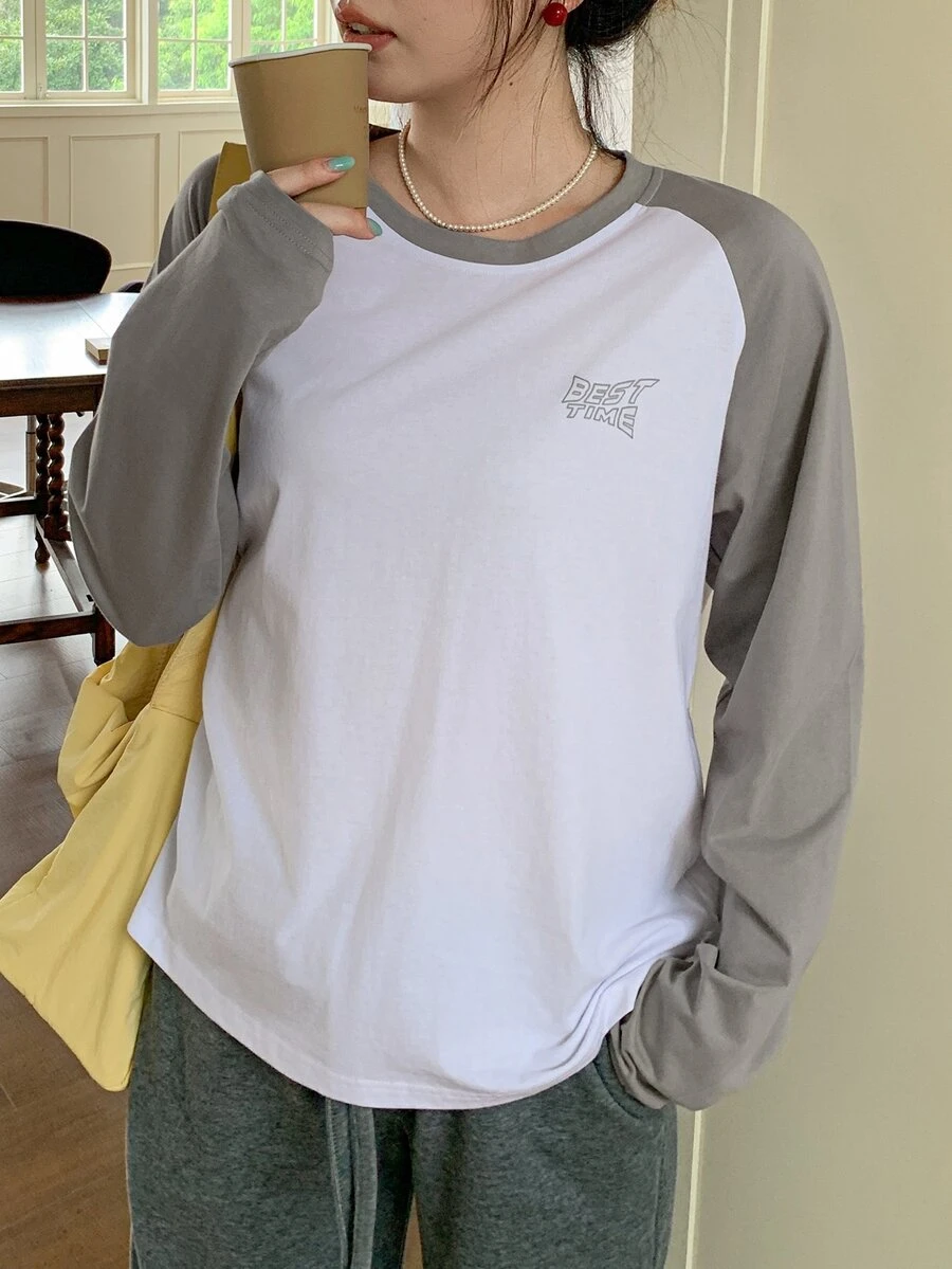 Dazy Plus Crew Neck Contrast Color Raglan Sleeve Letter Print Urban Casual Streetwear Preppy Style Loose Fit T-Shirt - White - View 1