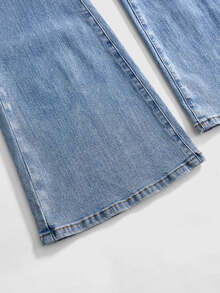 ROMWE Autumn/Winter Hippie Faux Suede Vintage Washed Stretch Denim Flare Jeans For Women - Medium Wash - View 4