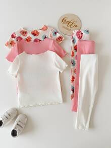 6件組女嬰可愛卡通印花荷葉邊圓領短袖褲裝休閒舒適針織睡衣套裝 - 彩色 - 查看 2
