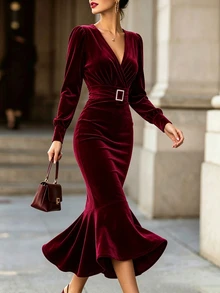 Balvessa Women's New Elegant Velvet Cinched Waist Pearl Button Mermaid Dress - Burgundy - View 5