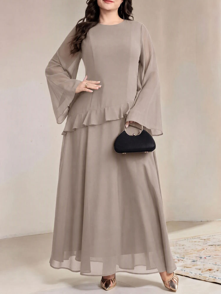 Veilorie Plus Size Women Solid Color Round Neck Long Sleeve Back Waist Tie Design Elegant Dress - Khaki - View 3