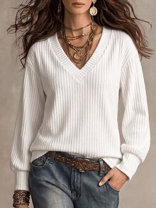SHEIN LUNE 女款純色V領長袖休閒百搭衛衣 - 白色 - 查看 3