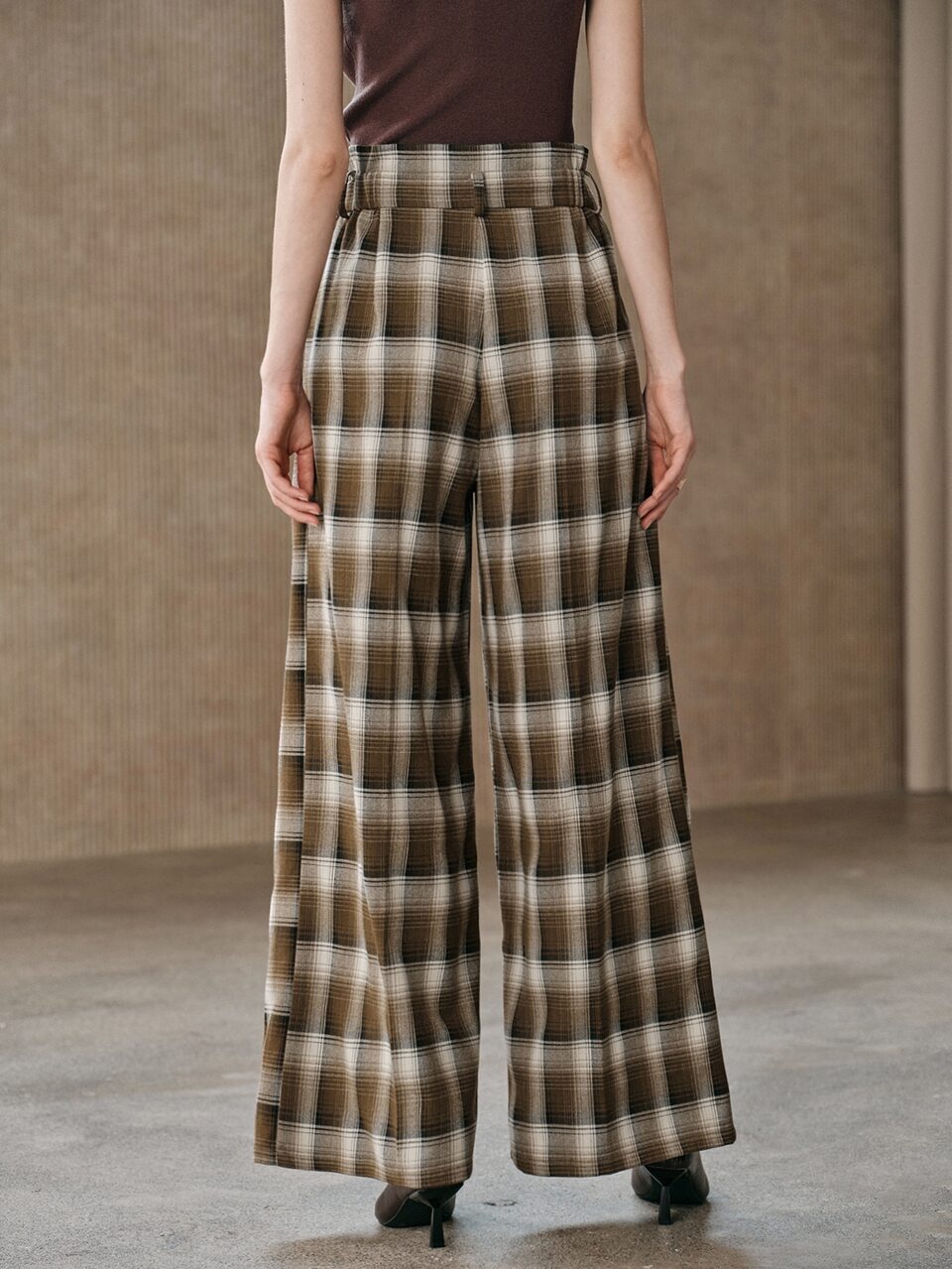 Early Autumn Maillard Brown & White Plaid High-Waisted Commute & Travel Versatile Slimming Pleated Draped Women's Suit Pants