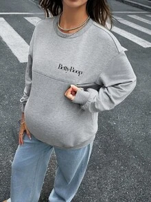 Lyckli Betty Boop x SHEIN Maternity Letter Cartoon Print Drop Shoulder Long Sleeve Casual Sweatshirt - Grey - View 6