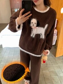 DAZY Happy Puppy Pattern Contrast Color Loose Knit 2-Piece Pajama Set For Women, Autumn/Winter - Coffee Brown - View 4