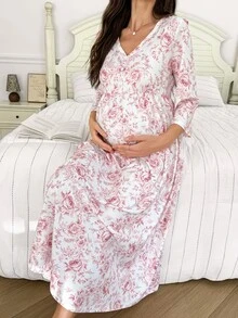 Moonlight&Mama Elegant lång gravidklänning/nattlinne med blommigt tryck, knappar och 3/4-ärm, hemmaessentiell - Multifärgad - Visa 3