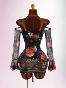 Amplova Women's Long Sleeve Mesh Mini Dress With Tattoo Pattern, Snake Skin & Rose Patchwork, Vintage Sexy Style - Black - View 2