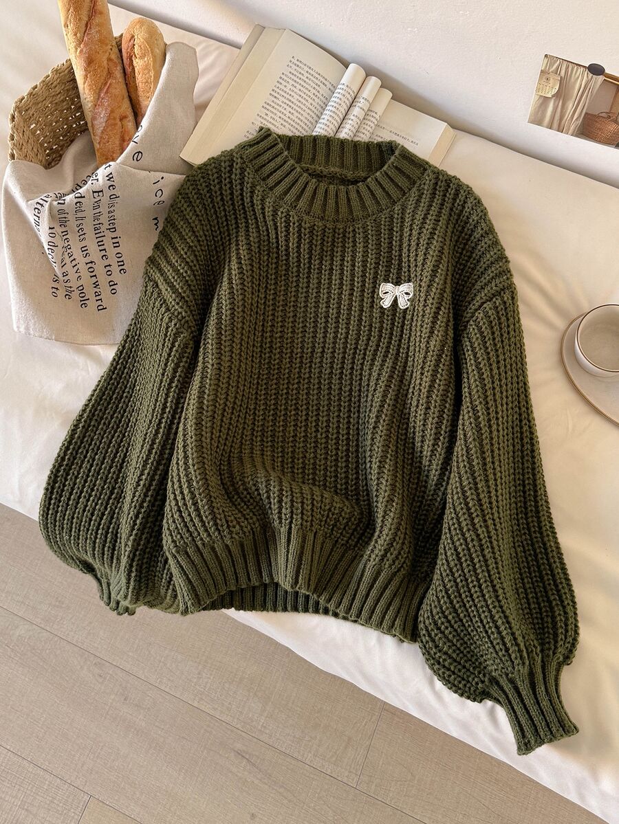 CosyJoli Autumn/Winter Casual Green Embroidered Bow Sweater - Olive Green - View 1