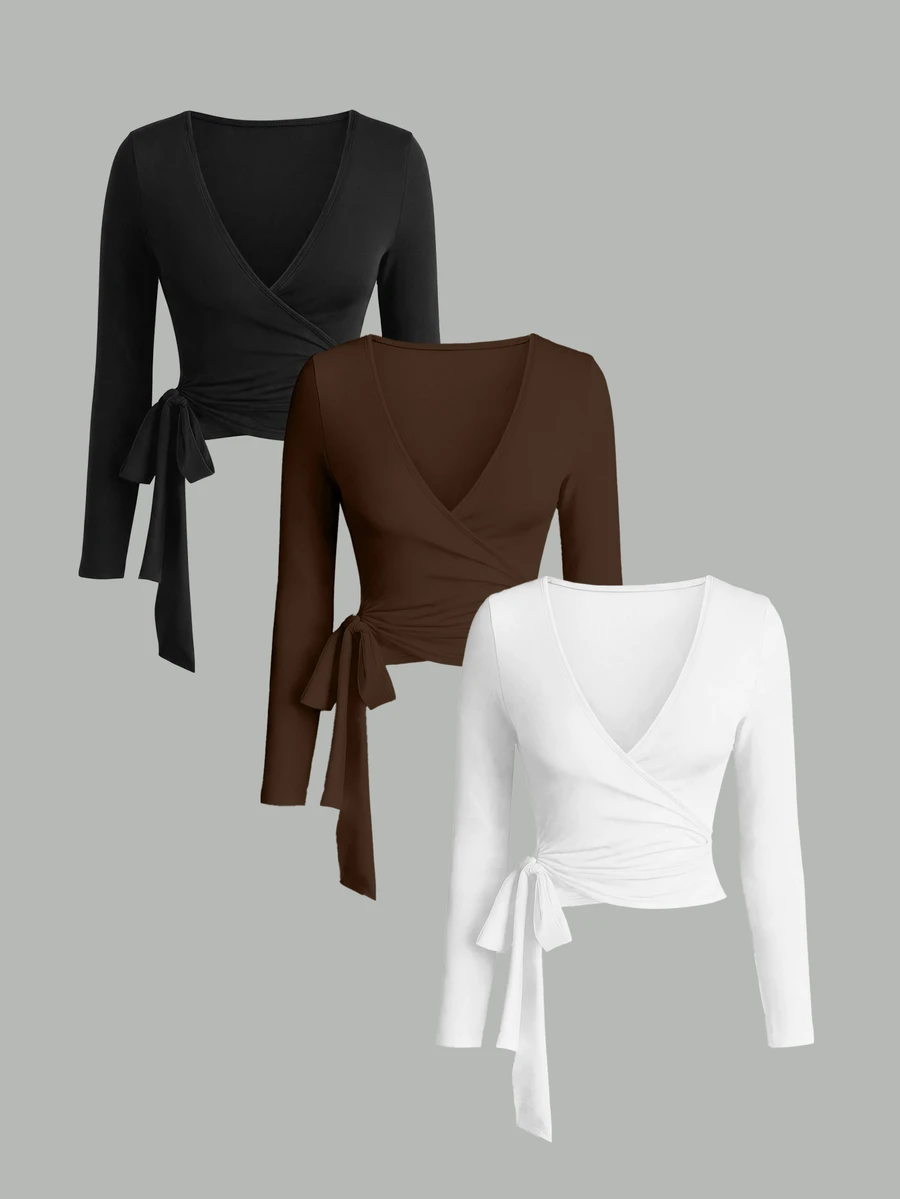 DrmWander Plus Size Solid Color V-Neck Tie Wrap Long Sleeve Cropped T-Shirt - Multicolor - View 1