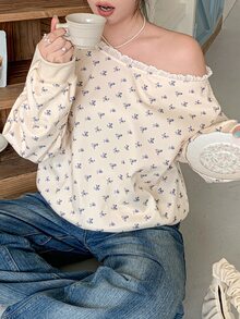 Dazy Plus Ditsy Floral All-Over Loose Long Sleeve Patchwork Ruffle Asymmetrical Shoulder Casual Sweatshirt Top For Girls, Spring/Autumn - Apricot - View 1