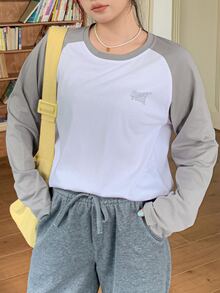 Dazy Plus Crew Neck Contrast Color Raglan Sleeve Letter Print Urban Casual Streetwear Preppy Style Loose Fit T-Shirt - White - View 4