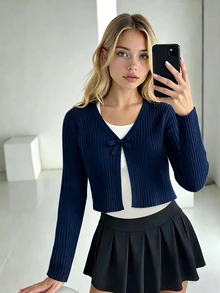 SHEIN 青少年女孩針織蝴蝶結長袖開襟衫 冬季 - 藏蓝色 - 查看 7